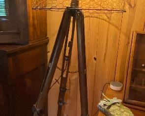 Neat Standing Lamp Made from Surveyor's Tripod and Chicken Wire 