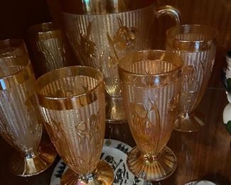 Jeannette Iris Herringbone pitcher and 6 glasses