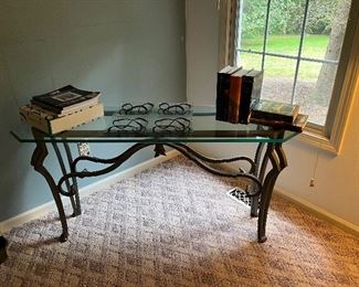 1 of 2 identical console tables with glass tops