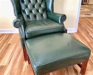 Tufted Wingback Chair w/Ottoman in Green Leather