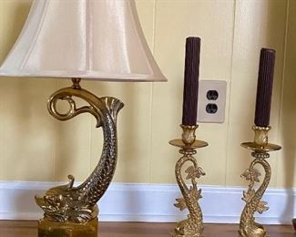 Brass Dolphin Lamp and Candle Sticks (sold)
