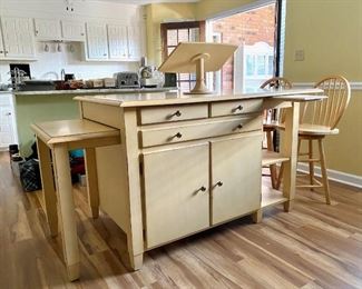 Farmhouse Kitchen Island (tons of storage) with 2 barstools and cook book stand