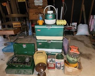 Vintage Coleman coolers, camp stoves...