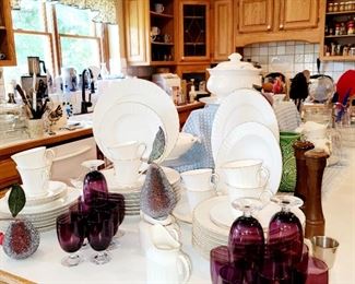 Purple stemware,  white china