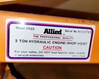 Engine Hoist, Allied, 2 ton hydraulic hoist