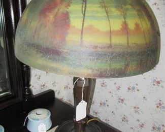16" dia. Handel 6519 signed Reverse painting lamp 22" high. glass is 8" tall, base is 7 1/2" dia