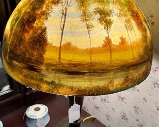 16" dia. Handel 6519 signed Reverse painting lamp 22" high. glass is 8" tall, base is 7 1/2" dia