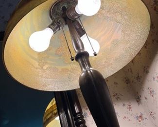 16" dia. Handel 6519 signed Reverse painting lamp 22" high. glass is 8" tall, base is 7 1/2" dia