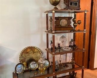 Large Lot Brassware, Antique clocks, decorative shelving