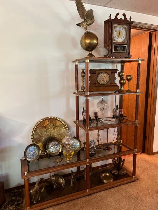 Large Lot Brassware, Antique clocks, decorative shelving