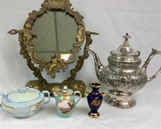 KAGE321 Vtg Brass Cherub Swivel Vanity Mirror And More