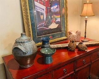 Gorgeous red credenza and lovely large signed Bacchus print 