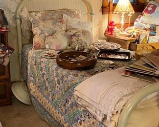 Sweet old twin size iron bed and quilted coverlet