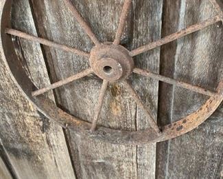 Good old wheel for outdoor decor.