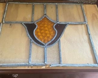 Antique lead stained glass window insert - 1 panel of glass missing.