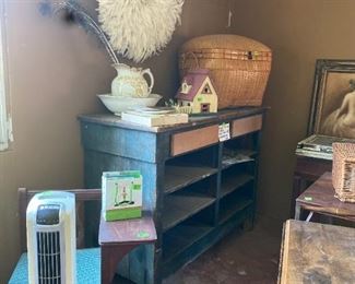 Vintage telephone table, antique cabinet, Basket with lid, bird house, pitcher and bowl, peacock feathers