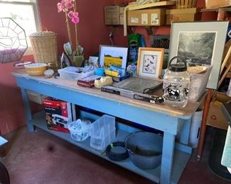 Stained glass, pyrex bowls, paper cutters, faux orchid plant, fire proof safe, chamber pot (blue & white), enamel pail, pictures, sea shells, etc.