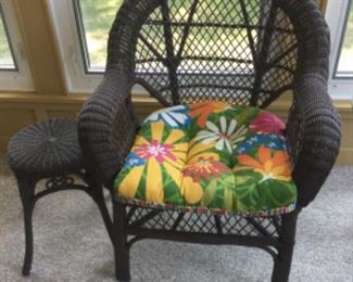 WICKER ARM CHAIR & SMALL TABLE