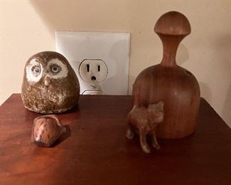 Pottery owl. Carved wood tiny animal