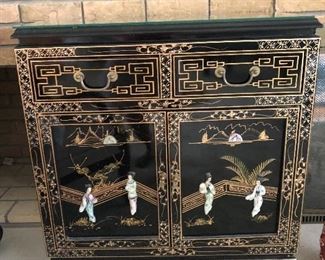 Asian black lacquer cabinet 2 door, 2 drawer, mother of pearl, glass top