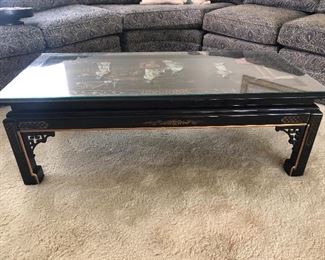Asian black lacquer coffee table with mother of pearl ladies under glass top