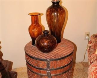 Latticed wood circular storage chest with iron hardware