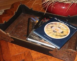 Etched floral stamped copper & wood coffee table tray-about 2ft long x 15" wide