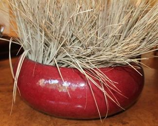 Glazed oxblood ceramic vase with dried foliage-this is a large 18" wide planter vase