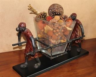 Bronze double monkey sculpture with vase