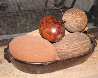 Vintage dark wood carved oval dough bowl with decorative gourds