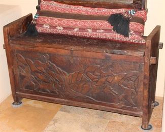 Vintage warrior relief hand carved wood bench/chest