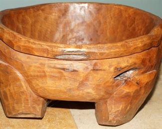Hand carved footed wood bowl-about 2ft in diameter x 18" high