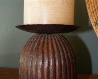 Carved wood & iron candle holder with candle