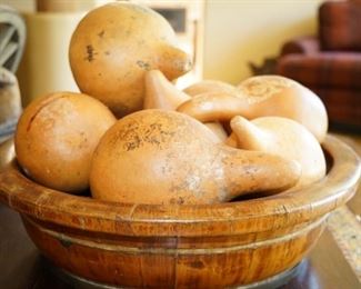 Large carved wood dough bowl with gourds