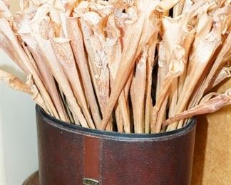 Leather wrapped storage box with dried flowers