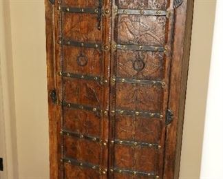 Etched hand carved wood & iron cabinet