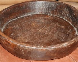 Large distressed carved wood dough bowl-about 2ft in diameter