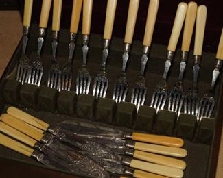 Antique sterling, silverplate celluloid dessert set-knives & forks