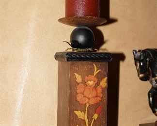 Floral wood candle holders with candles x 2