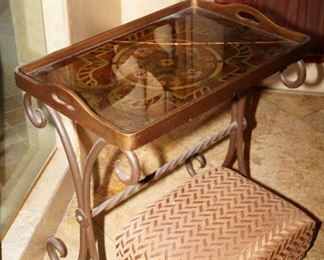 Lacquered hand painted tray table on cast iron base-the glass on this tray needs repair unfortunately, but it's still quite beautiful.  Recently reupholstered foot stool.