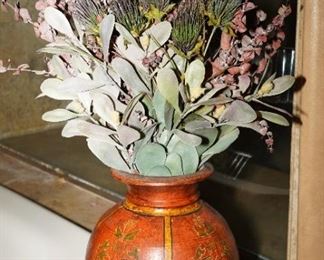Floral painted wood vase with dried flowers