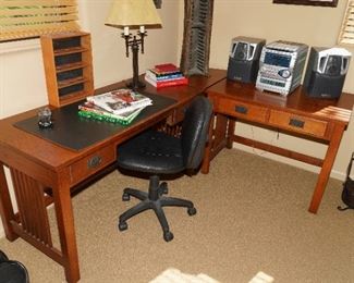 Mission style Bassett desks x 2 with triangular corner unit