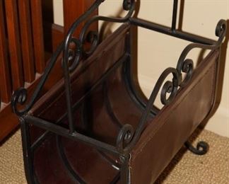 Leather wrapped wrought iron magazine rack