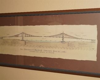 An etching of the Brooklyn Bridge with wire by Roebling. 