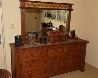 Pine wood dresser with stone topped mirror