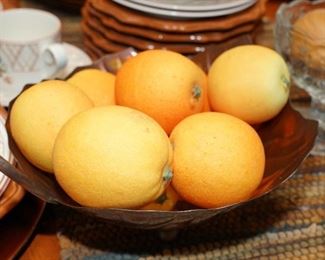 Copper leaf bowl with faux oranges