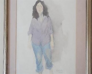 Raphael Soyer colored etching with a hand written note to his friend, B. Hennessy