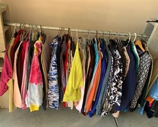 The garage is entirely filled with racks of women’s clothing.  Shoes and purses still being sorted.  Clothing is primarily large and X-large.  Shoes are size 8.  All are priced to sell!