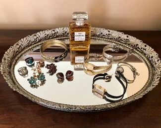 Vanity Tray Filled with Costume Jewelry and Watches