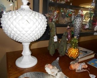 milk glass compote. vintage Christmas ornaments